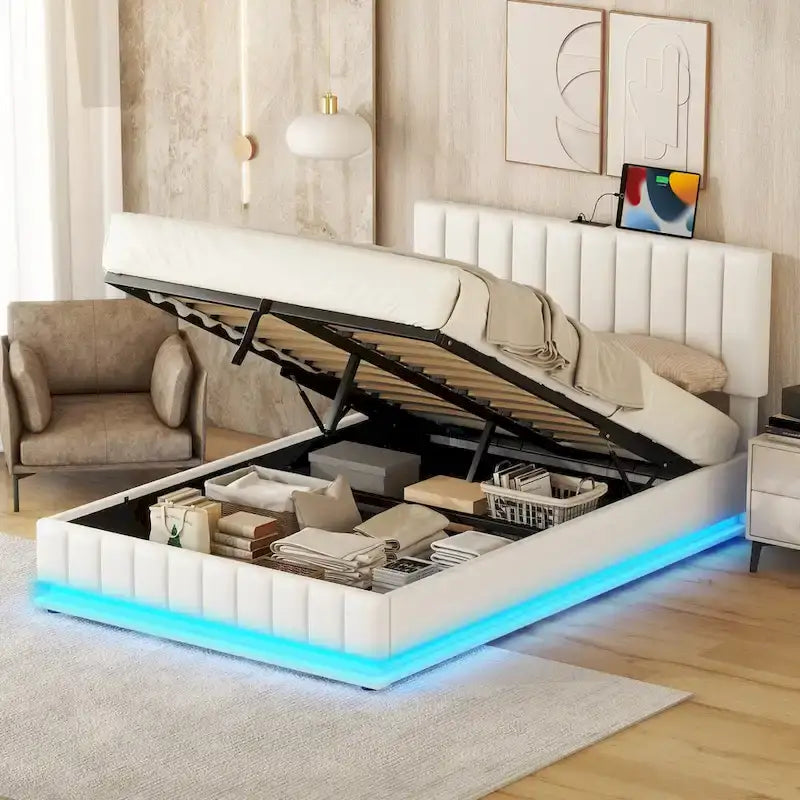 Lift Up Storage Platform Bed Frame, PU Leather Upholstered Low Profile Bed with Remote Control LED Lights, Sockets, USB Ports