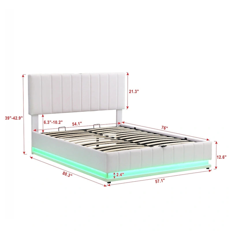 Lift Up Storage Platform Bed Frame, PU Leather Upholstered Low Profile Bed with Remote Control LED Lights, Sockets, USB Ports