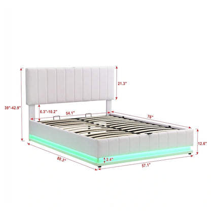 Lift Up Storage Platform Bed Frame, PU Leather Upholstered Low Profile Bed with Remote Control LED Lights, Sockets, USB Ports