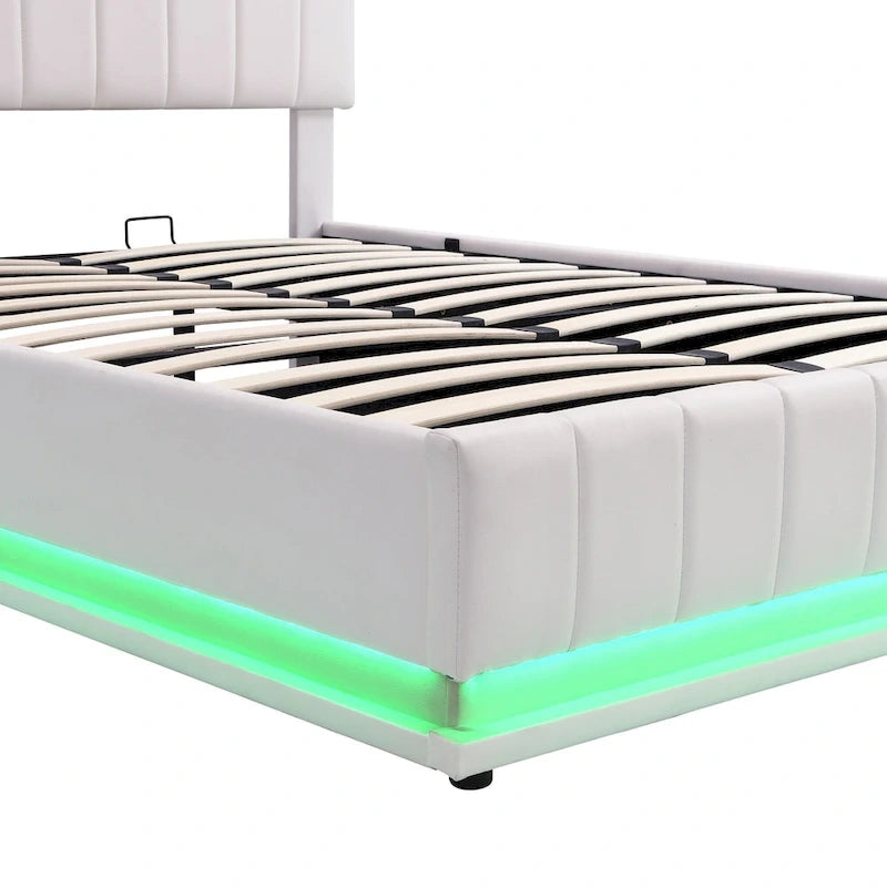 Lift Up Storage Platform Bed Frame, PU Leather Upholstered Low Profile Bed with Remote Control LED Lights, Sockets, USB Ports