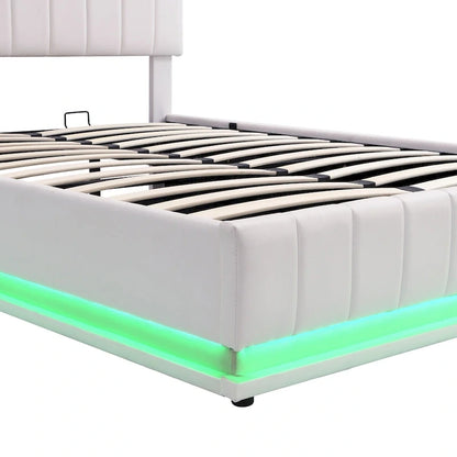 Lift Up Storage Platform Bed Frame, PU Leather Upholstered Low Profile Bed with Remote Control LED Lights, Sockets, USB Ports