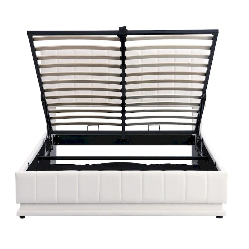 Lift Up Storage Platform Bed Frame, PU Leather Upholstered Low Profile Bed with Remote Control LED Lights, Sockets, USB Ports