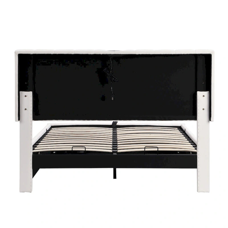 Lift Up Storage Platform Bed Frame, PU Leather Upholstered Low Profile Bed with Remote Control LED Lights, Sockets, USB Ports