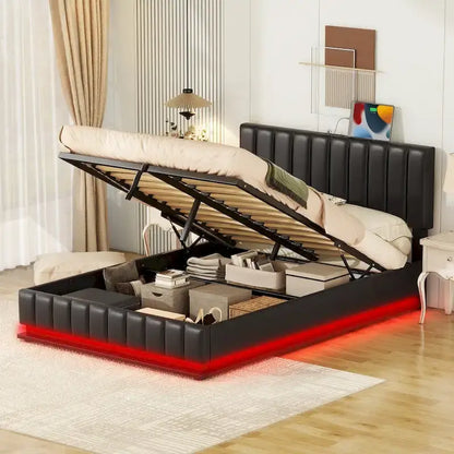 Lift Up Storage Platform Bed Frame, PU Leather Upholstered Low Profile Bed with Remote Control LED Lights, Sockets, USB Ports