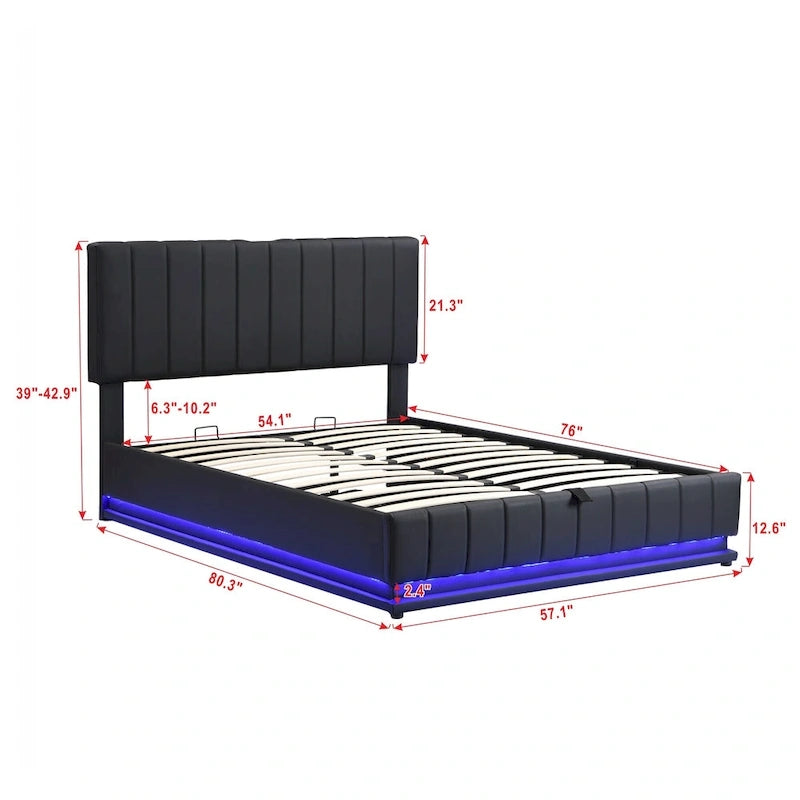 Lift Up Storage Platform Bed Frame, PU Leather Upholstered Low Profile Bed with Remote Control LED Lights, Sockets, USB Ports