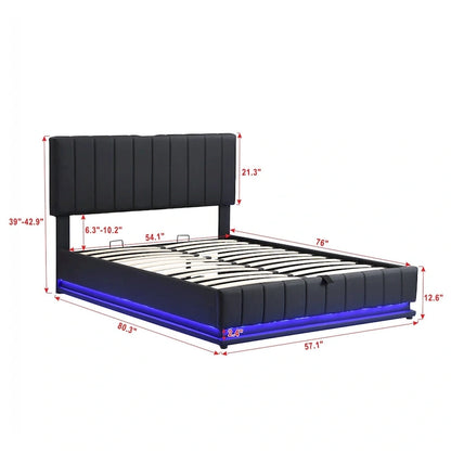 Lift Up Storage Platform Bed Frame, PU Leather Upholstered Low Profile Bed with Remote Control LED Lights, Sockets, USB Ports