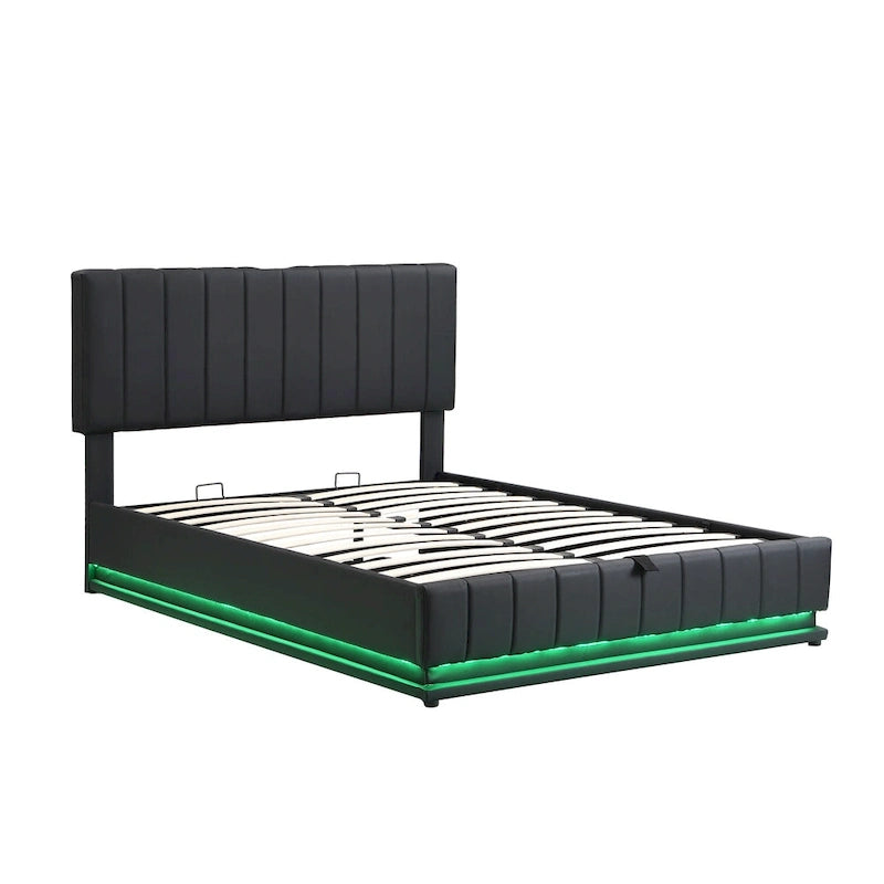 Lift Up Storage Platform Bed Frame, PU Leather Upholstered Low Profile Bed with Remote Control LED Lights, Sockets, USB Ports