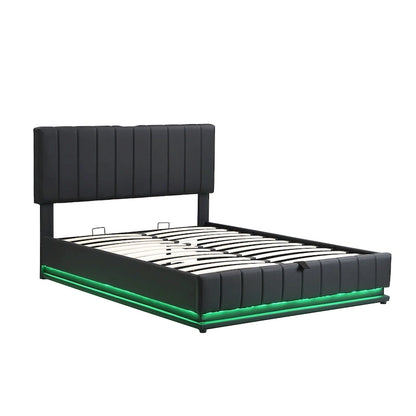 Lift Up Storage Platform Bed Frame, PU Leather Upholstered Low Profile Bed with Remote Control LED Lights, Sockets, USB Ports