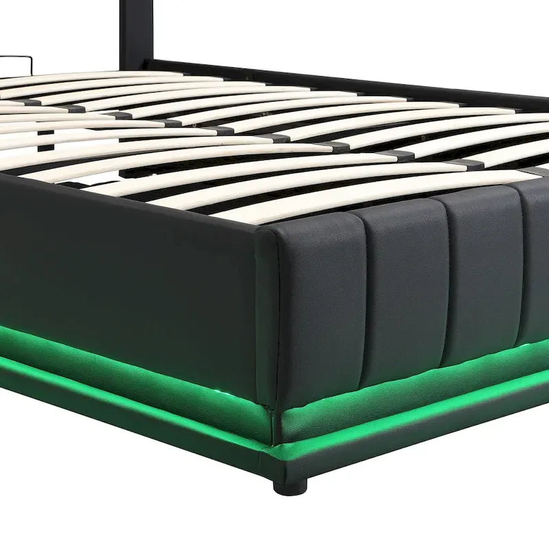 Lift Up Storage Platform Bed Frame, PU Leather Upholstered Low Profile Bed with Remote Control LED Lights, Sockets, USB Ports