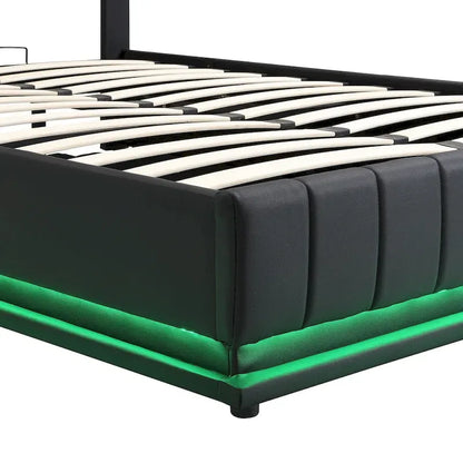 Lift Up Storage Platform Bed Frame, PU Leather Upholstered Low Profile Bed with Remote Control LED Lights, Sockets, USB Ports