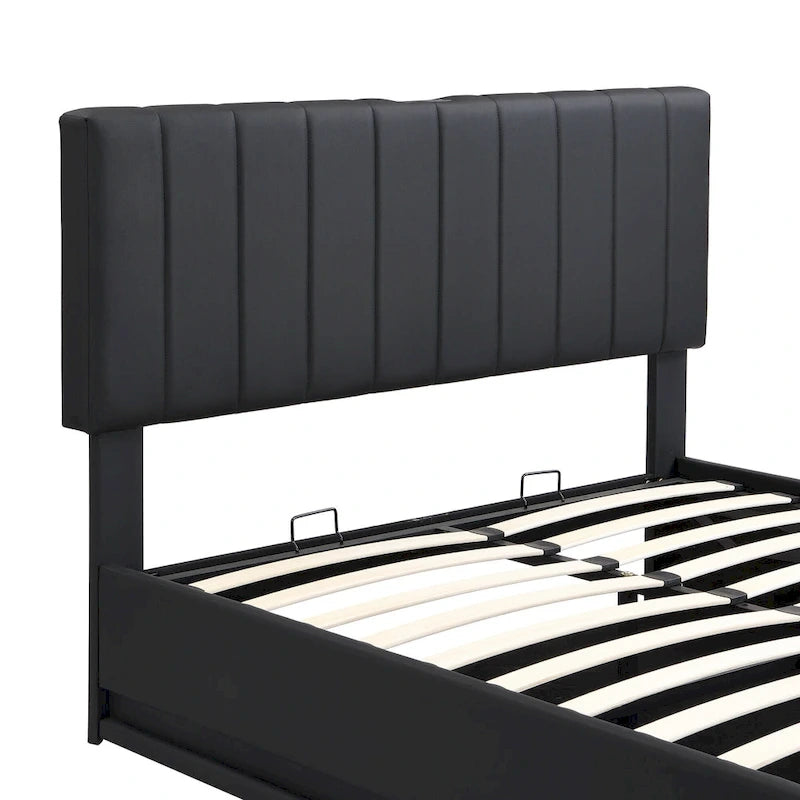Lift Up Storage Platform Bed Frame, PU Leather Upholstered Low Profile Bed with Remote Control LED Lights, Sockets, USB Ports