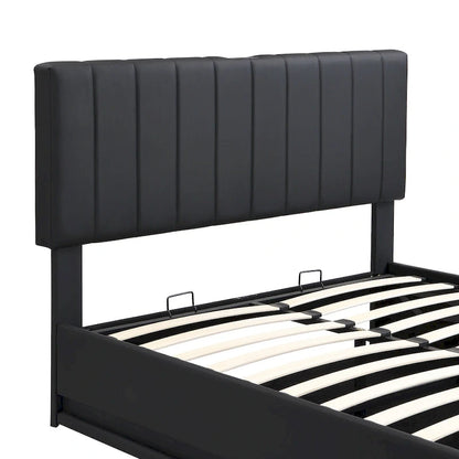 Lift Up Storage Platform Bed Frame, PU Leather Upholstered Low Profile Bed with Remote Control LED Lights, Sockets, USB Ports