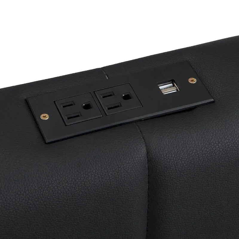 Lift Up Storage Platform Bed Frame, PU Leather Upholstered Low Profile Bed with Remote Control LED Lights, Sockets, USB Ports