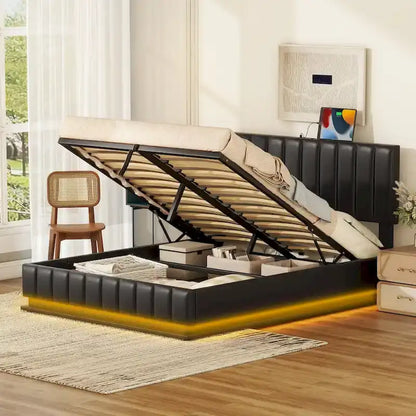 Lift Up Storage Platform Bed Frame, PU Leather Upholstered Low Profile Bed with Remote Control LED Lights, Sockets, USB Ports