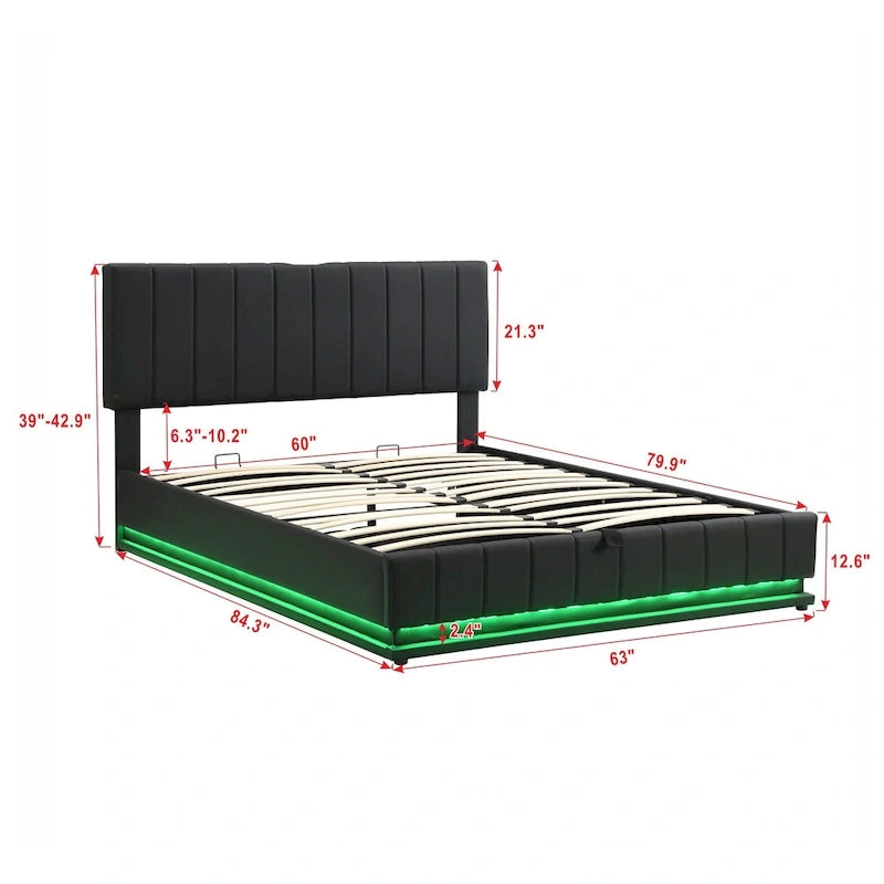 Lift Up Storage Platform Bed Frame, PU Leather Upholstered Low Profile Bed with Remote Control LED Lights, Sockets, USB Ports