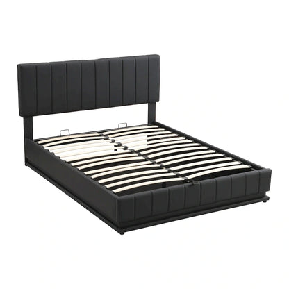 Lift Up Storage Platform Bed Frame, PU Leather Upholstered Low Profile Bed with Remote Control LED Lights, Sockets, USB Ports