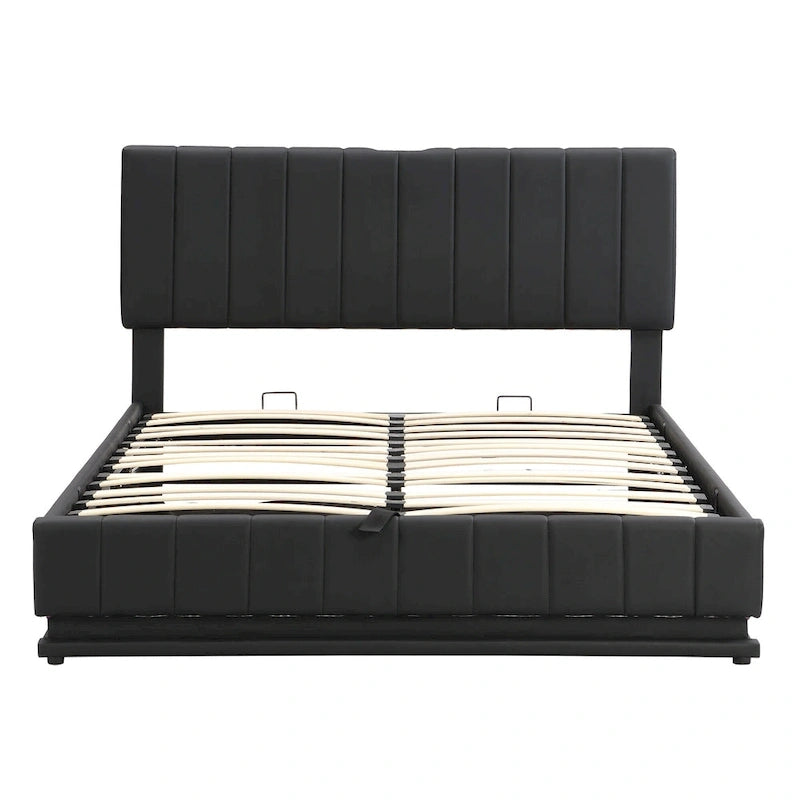 Lift Up Storage Platform Bed Frame, PU Leather Upholstered Low Profile Bed with Remote Control LED Lights, Sockets, USB Ports