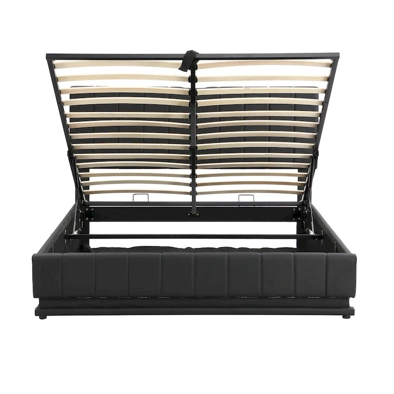 Lift Up Storage Platform Bed Frame, PU Leather Upholstered Low Profile Bed with Remote Control LED Lights, Sockets, USB Ports