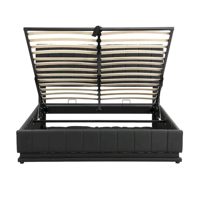 Lift Up Storage Platform Bed Frame, PU Leather Upholstered Low Profile Bed with Remote Control LED Lights, Sockets, USB Ports