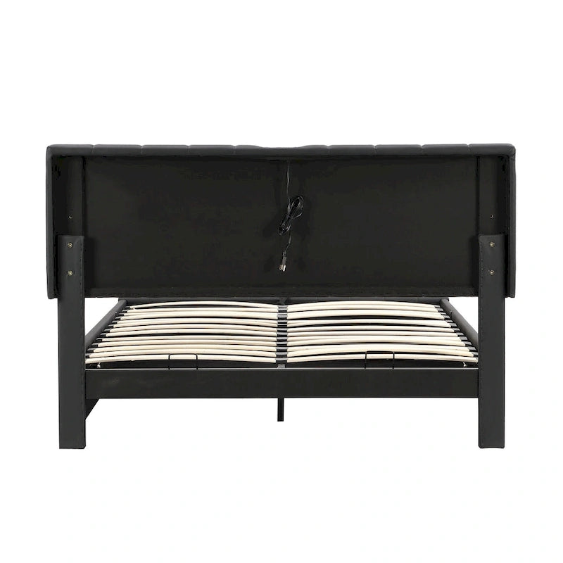 Lift Up Storage Platform Bed Frame, PU Leather Upholstered Low Profile Bed with Remote Control LED Lights, Sockets, USB Ports