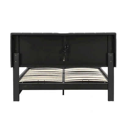 Lift Up Storage Platform Bed Frame, PU Leather Upholstered Low Profile Bed with Remote Control LED Lights, Sockets, USB Ports