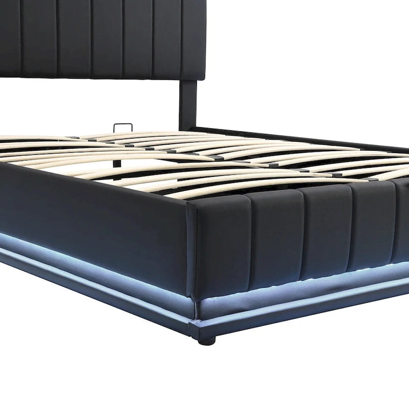 Lift Up Storage Platform Bed Frame, PU Leather Upholstered Low Profile Bed with Remote Control LED Lights, Sockets, USB Ports