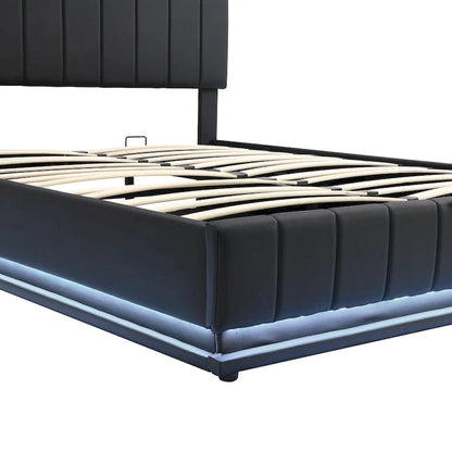 Lift Up Storage Platform Bed Frame, PU Leather Upholstered Low Profile Bed with Remote Control LED Lights, Sockets, USB Ports