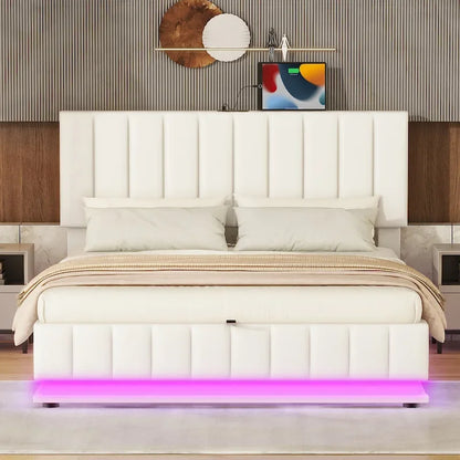 Lift Up Storage Platform Bed Frame, PU Leather Upholstered Low Profile Bed with Remote Control LED Lights, Sockets, USB Ports