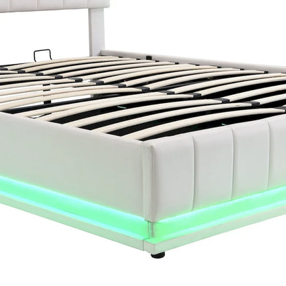 Lift Up Storage Platform Bed Frame, PU Leather Upholstered Low Profile Bed with Remote Control LED Lights, Sockets, USB Ports