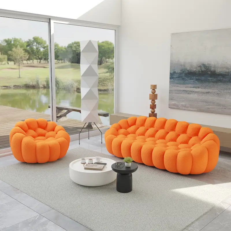 2PCS 3D Honeycomb Fabric Upholstered Bubble Sofa, 3 Seater Bubble Couch and Single Sofa for Living Room