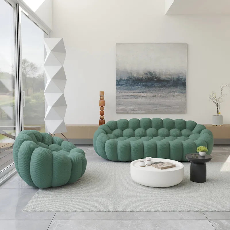 2PCS 3D Honeycomb Fabric Upholstered Bubble Sofa, 3 Seater Bubble Couch and Single Sofa for Living Room