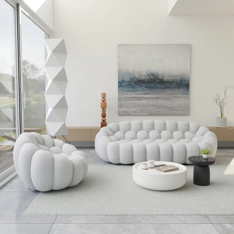 2PCS 3D Honeycomb Fabric Upholstered Bubble Sofa, 3 Seater Bubble Couch and Single Sofa for Living Room