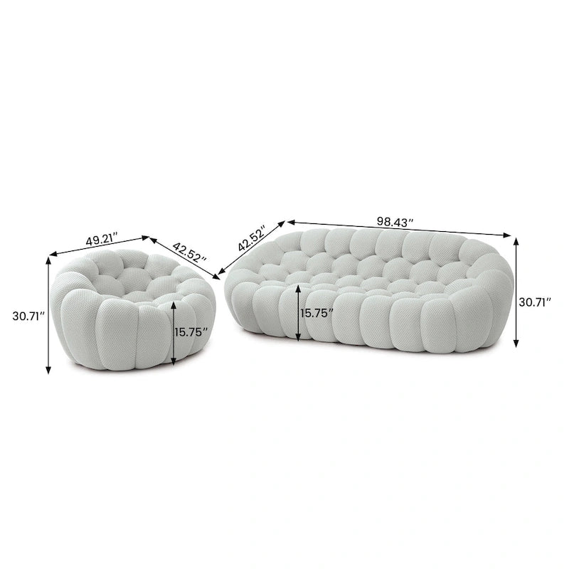 2PCS 3D Honeycomb Fabric Upholstered Bubble Sofa, 3 Seater Bubble Couch and Single Sofa for Living Room