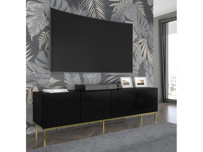 TV stand/Hi-Fi unit on legs, matte black, 200x42x58cm, Ravi C Diamond framed gold base