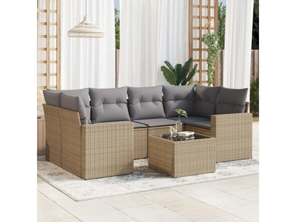 7-piece garden furniture set with cushions, beige woven resin