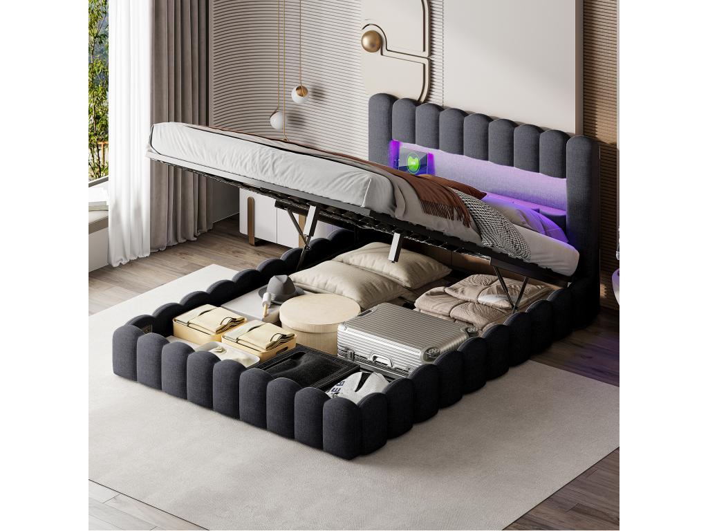 Double bed 140x200cm with storage, trundle bed with LED lighting, grey linen