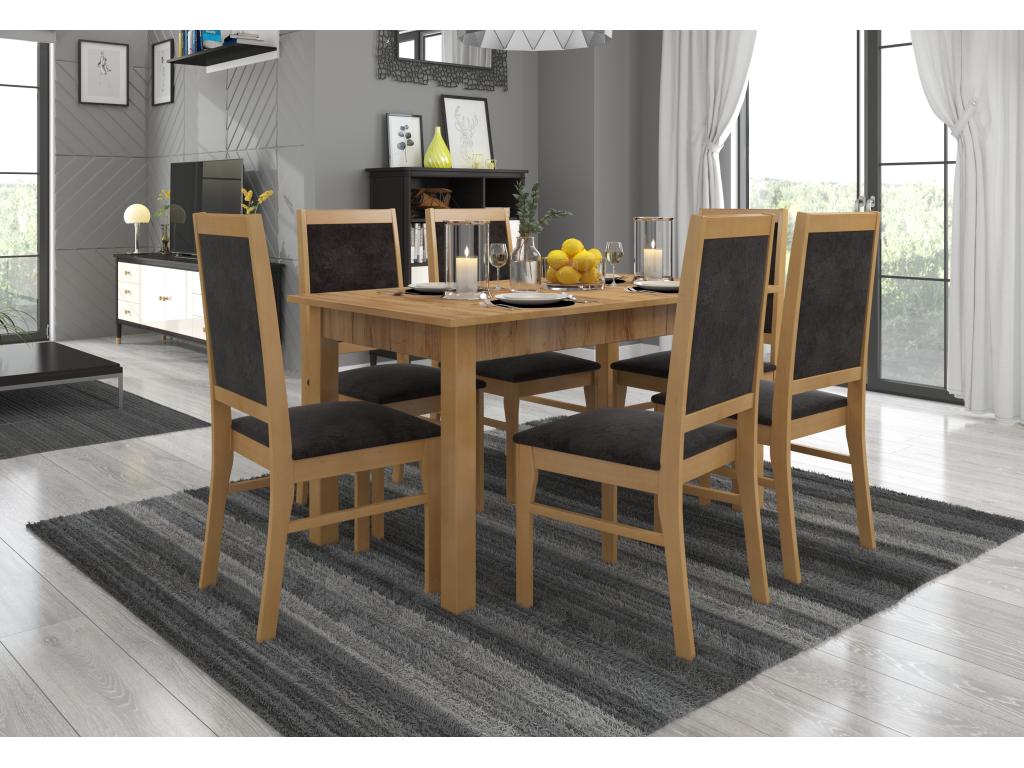 Extendable table set (140-180cm) and 6 chairs in natural wood and black fabric