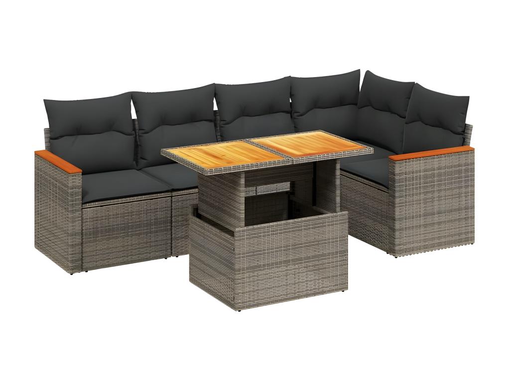 6-piece garden furniture set with grey resin wicker cushions