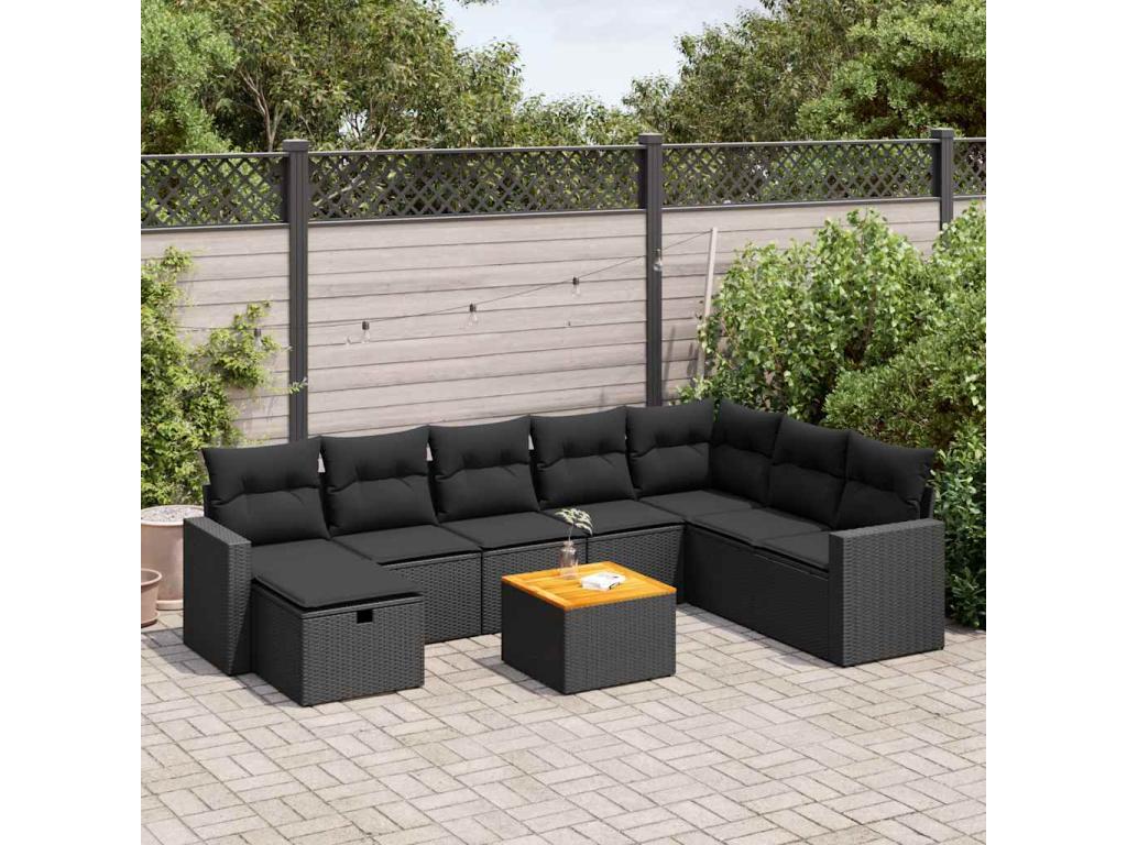 9-piece garden furniture set with cushions, black woven resin