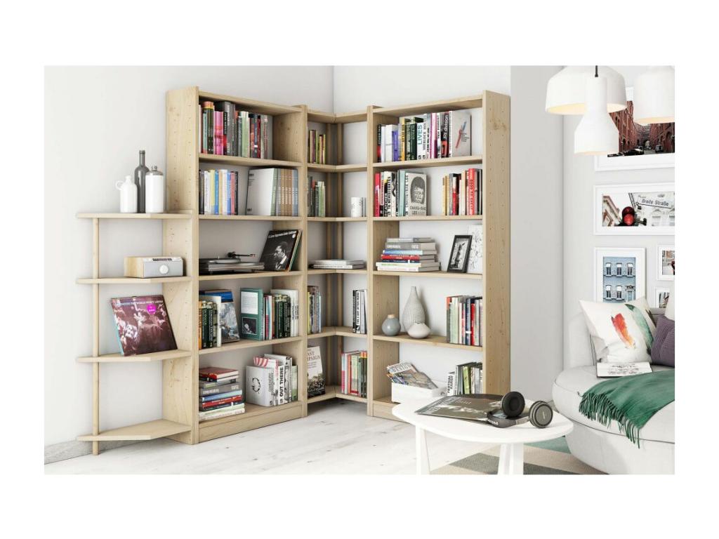 Corner shelf in unfinished pine with 6 shelves
