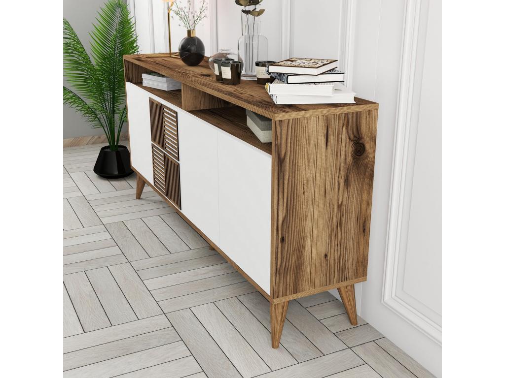 Low sideboard with 4 doors and 2 drawers, 160cm wide, wood and white