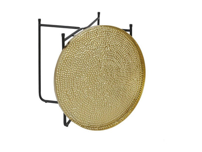 Side table, 50cm diameter, hammered gold metal top, black metal legs