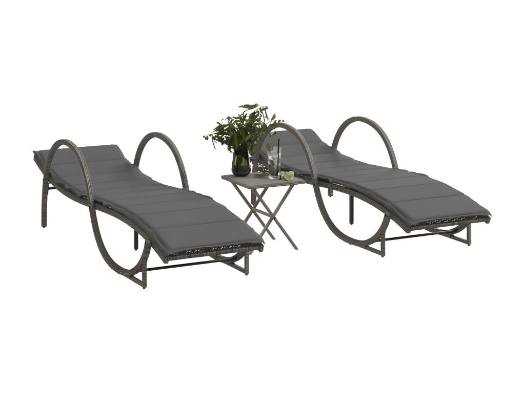 Set of 2 sun loungers with table, grey woven resin
