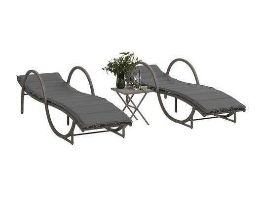 Set of 2 sun loungers with table, grey woven resin