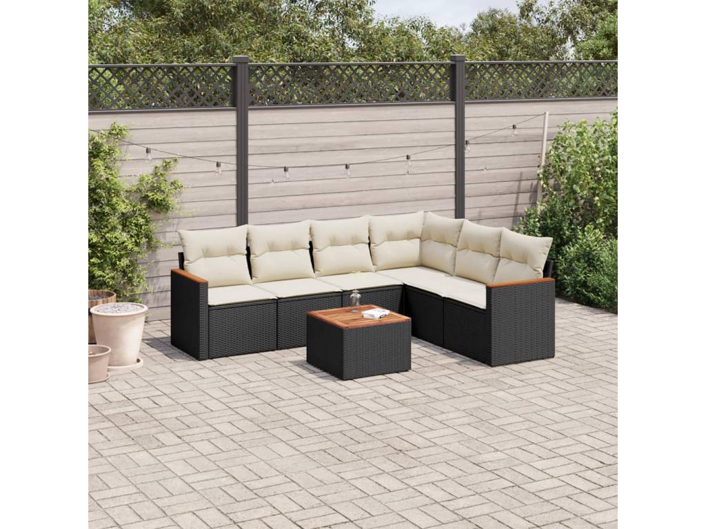7-piece garden furniture set with cushions, black woven resin