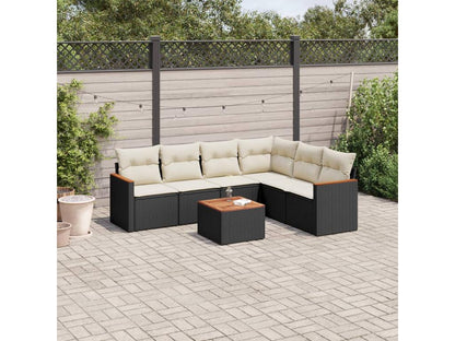 7-piece garden furniture set with cushions, black woven resin