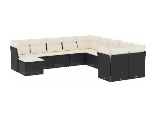 11-piece garden furniture set with cushions, black woven resin