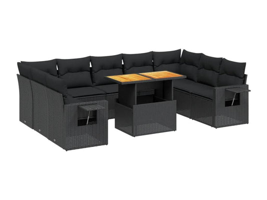10-piece garden furniture set with cushions, black woven resin