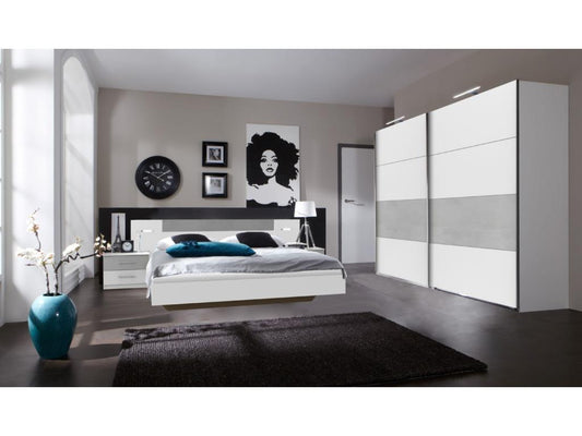 Adult bedroom set: Bed with lighting in white with light grey concrete-effect trim