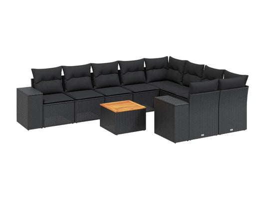 10-piece garden furniture set with cushions, black woven resin